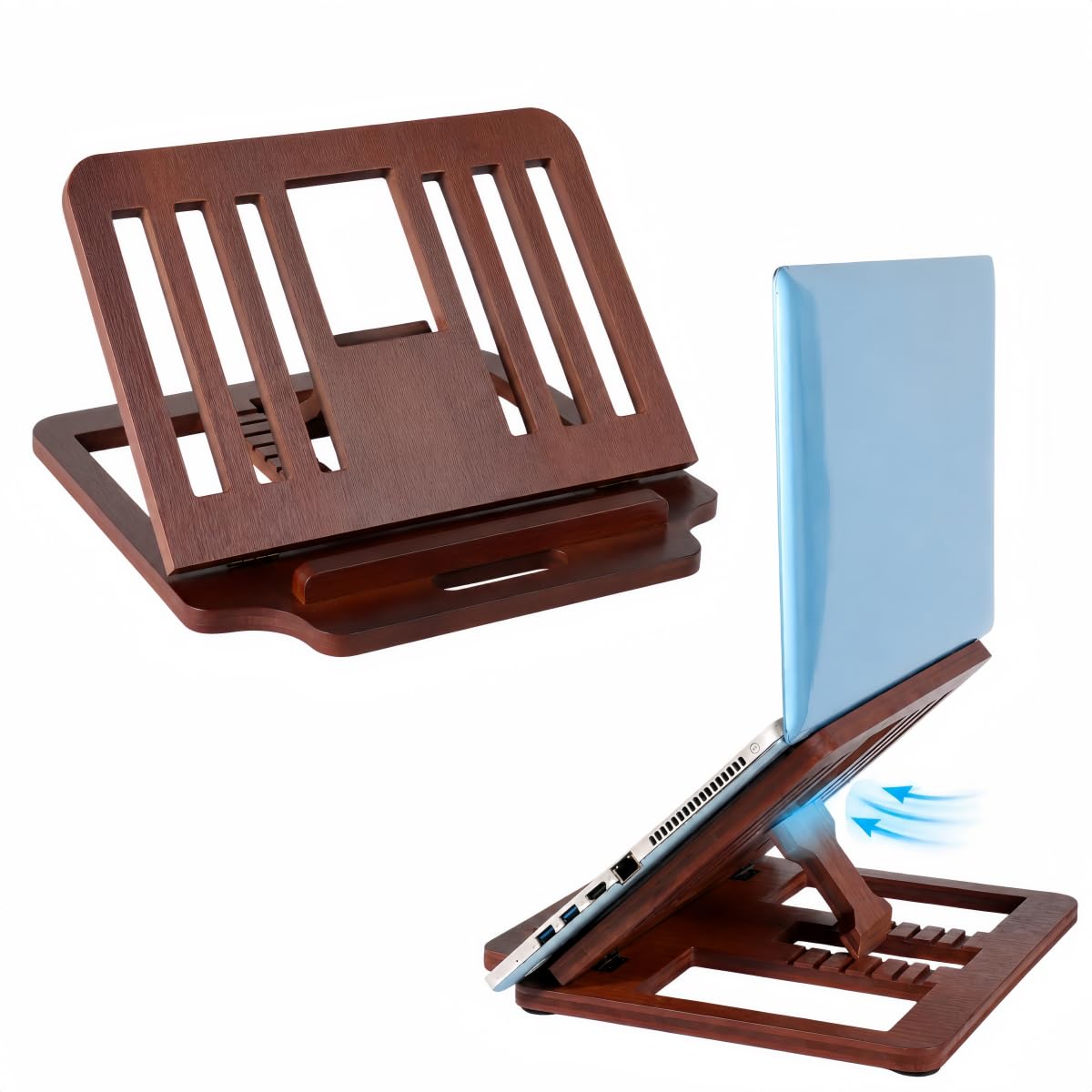 XIKEMADI Bamboo Foldable Laptop Stand Holder, 6-Level Adjustable Ergonomic Notebook Riser with Heat Dissipation for 10-17 Inch Laptops, MacBook, Tablet