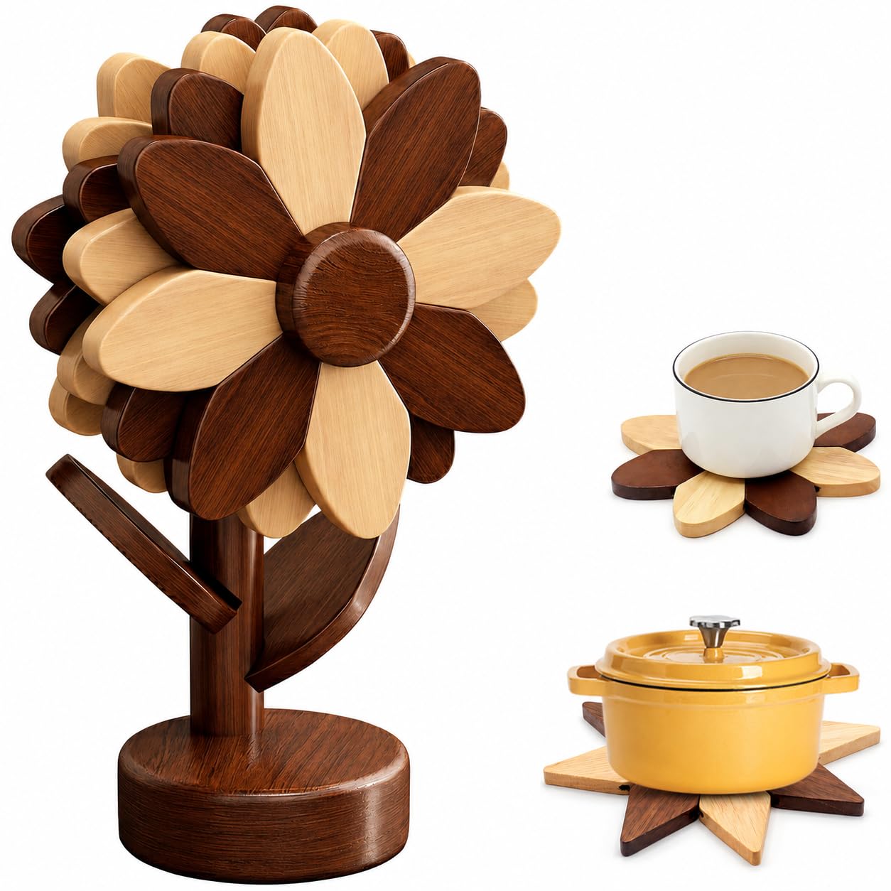 Cycayit 5-Piece Wooden Flower Trivets for Hot Pots and Pans with Storage Stand - Flippable Beech Wood Wooden Trivet Tree, Hot Pads for Kitchen, Tree Trivet, Trivets for Hot Dishes, Kitchen Gifts