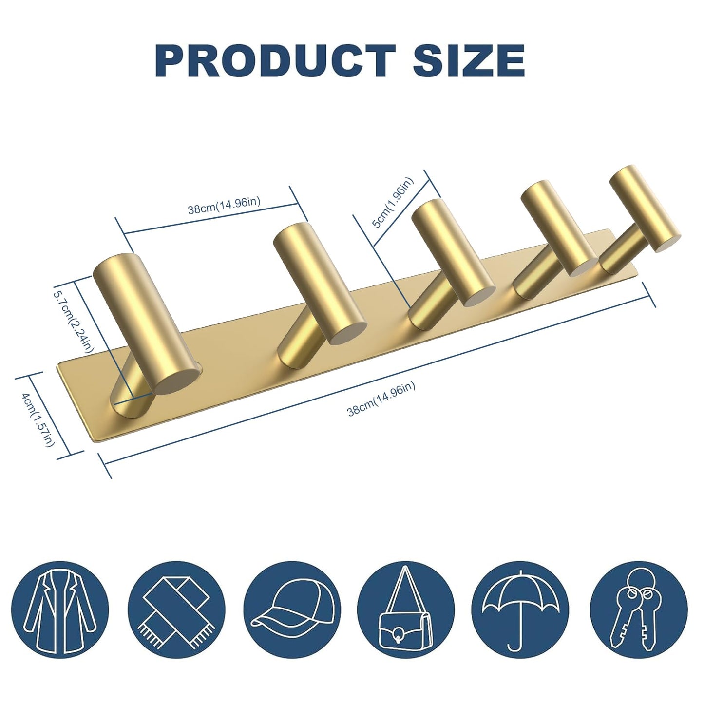 VAEHOLD Hat and Coat Wall Mount Rack - Hooks for Robes, Bags, Keys, and Towels - Bathroom Towel Hanger Organizer (Gold, “T“ Shape 5 Hooks 1 Pack)