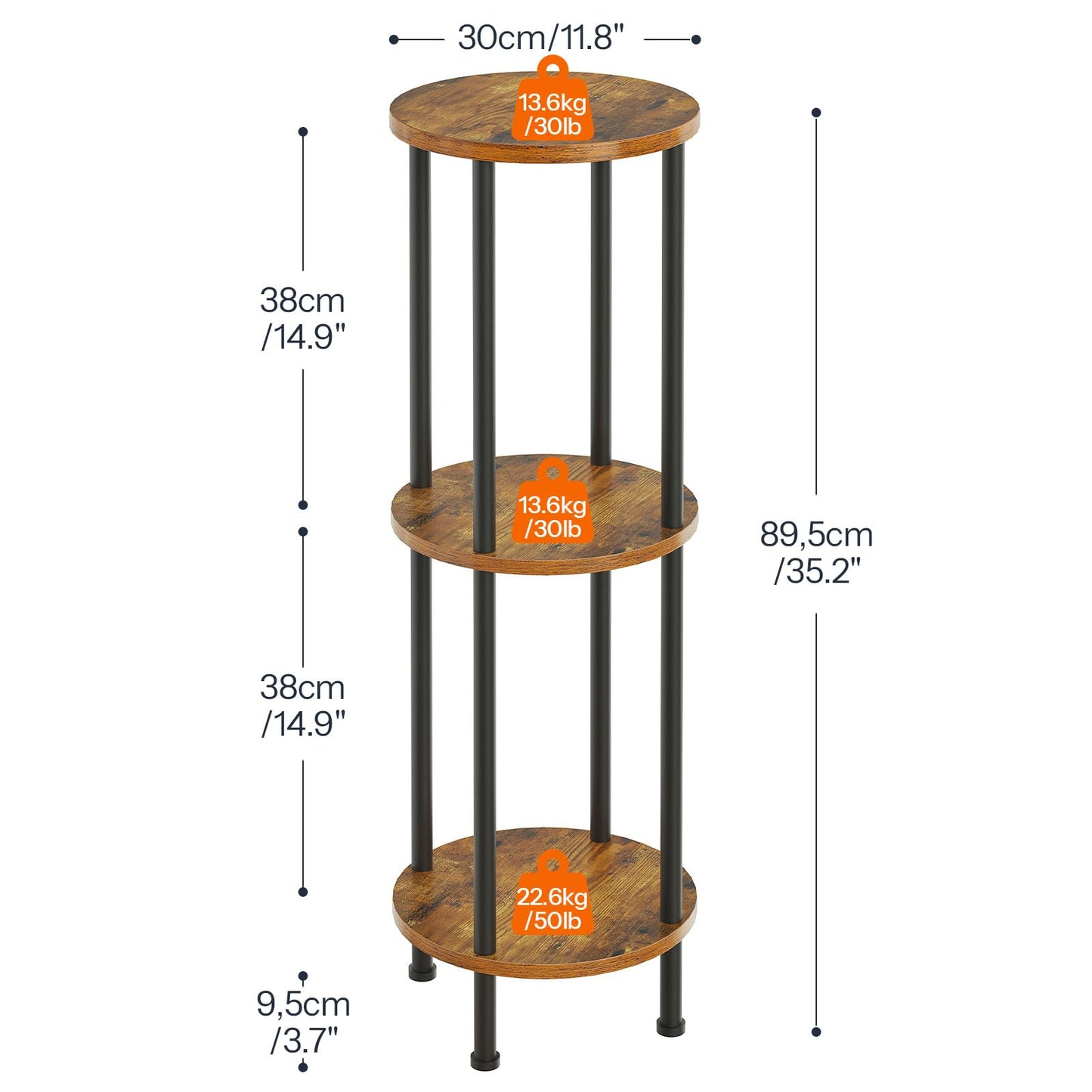 HOOBRO Plant Stand Indoor, 3 Tier 35.2" Tall Small Plant Shelf, Round Potted Holder Rack, Modern Flower Stand for Living Room Balcony Garden, Rustic Brown and Black BF13HJ01