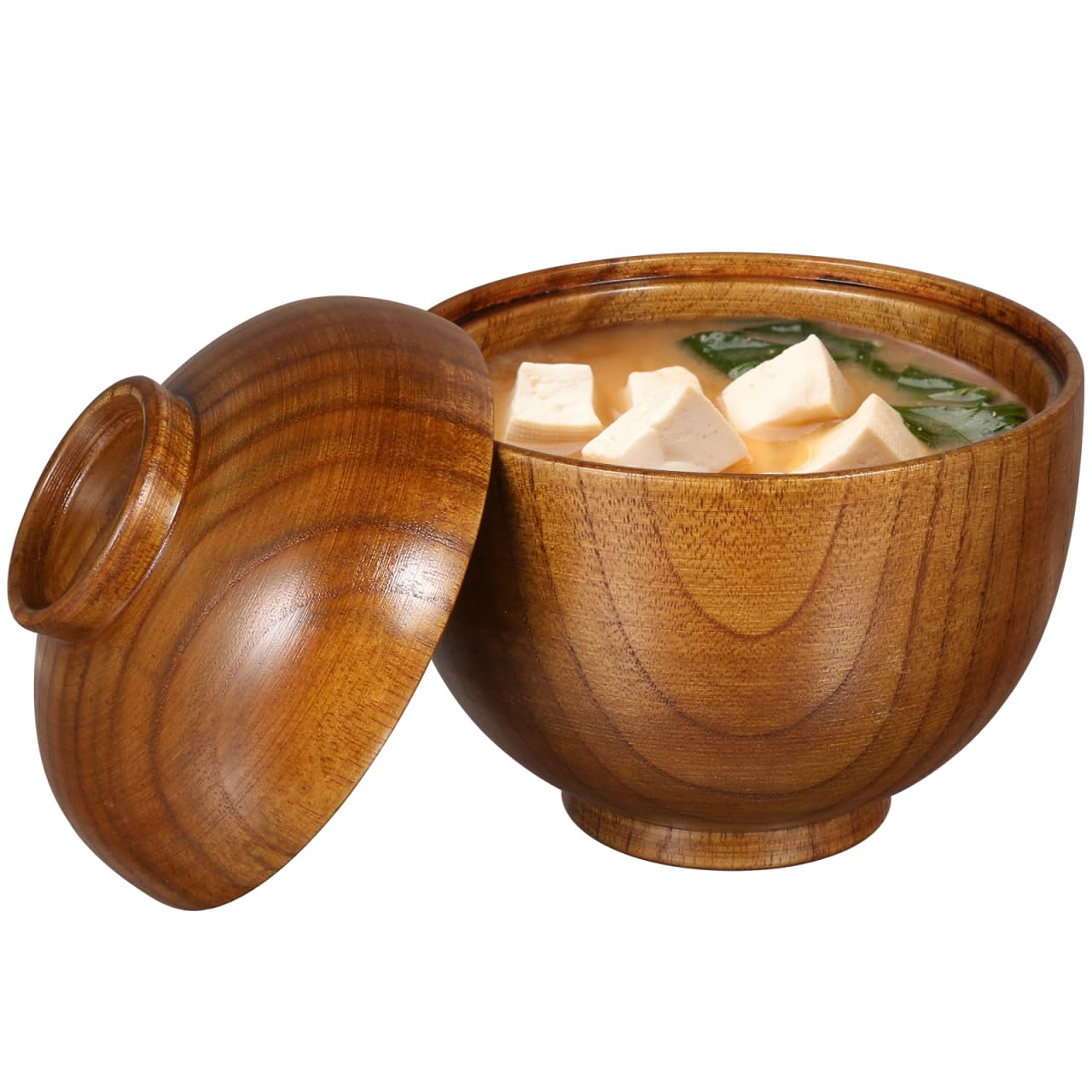 Luxshiny Miso Soup Bowls with Lid Set of 2: Wooden Soup Bowls for Home Kitchen Restaurant - 3.93x3.54x3.54inch
