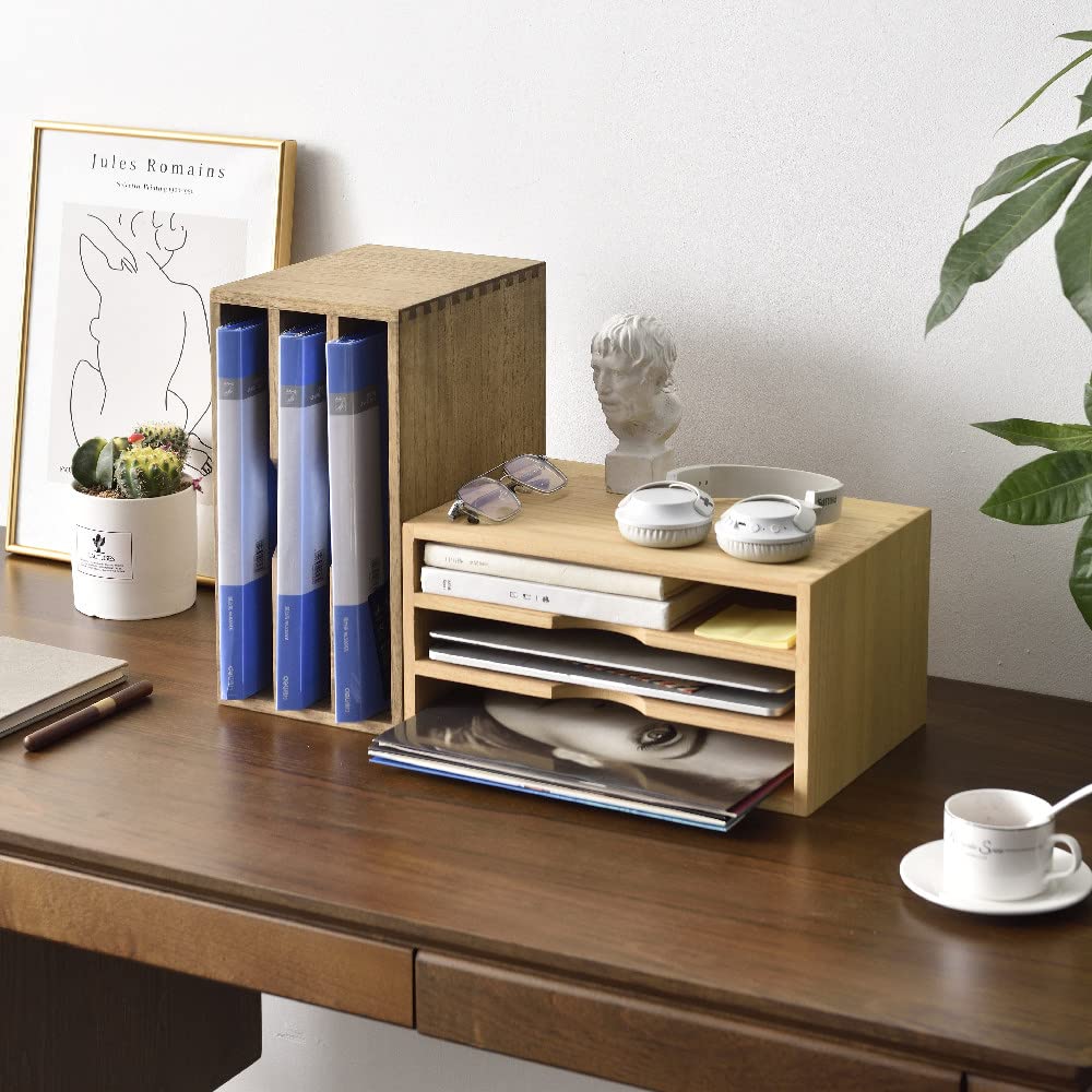 KIRIGEN Wooden Desktop Organizer, 3 Tier Solid Wood Letter Tray and Paper File Sorter for Desk, Freestanding Office Document Holder for Mail, Magazines, Folders, Natural 3KWJG-NA