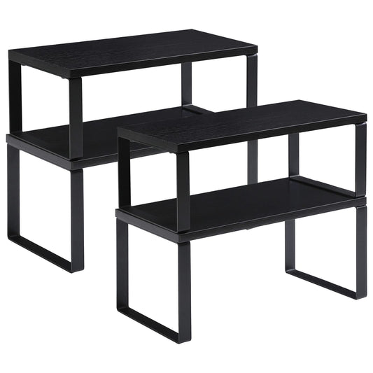 YMYNY Cabinet Shelf Organizer, Spice Racks Set of 4, Kitchen Counter Shelves, Stackable, Wood, Cupboard Organizer for Dishes, Seasoning, Cans, Coffee Mugs, Black, HSR002B-2