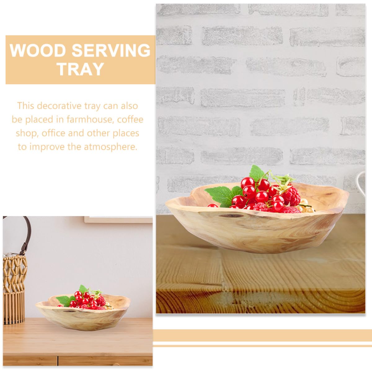 Luxshiny Rustic Wood Fruit Bowl 7.95 Inch Carved Wooden Serving Tray for Salad Snacks Home Decor Kitchen Dining Entertaining