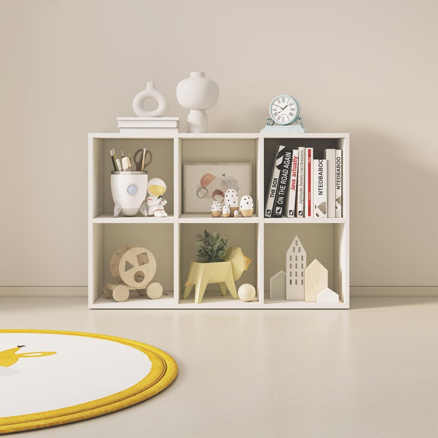 Wood Cube Storage Organizer Closet Cabinet for Living Room Bedroom Study Shelf Bookcase Wooden Floor Standing Open Bookshelf for Kids Home Office Display Storage Cabinet (White, 6-Cube, 11.81in)