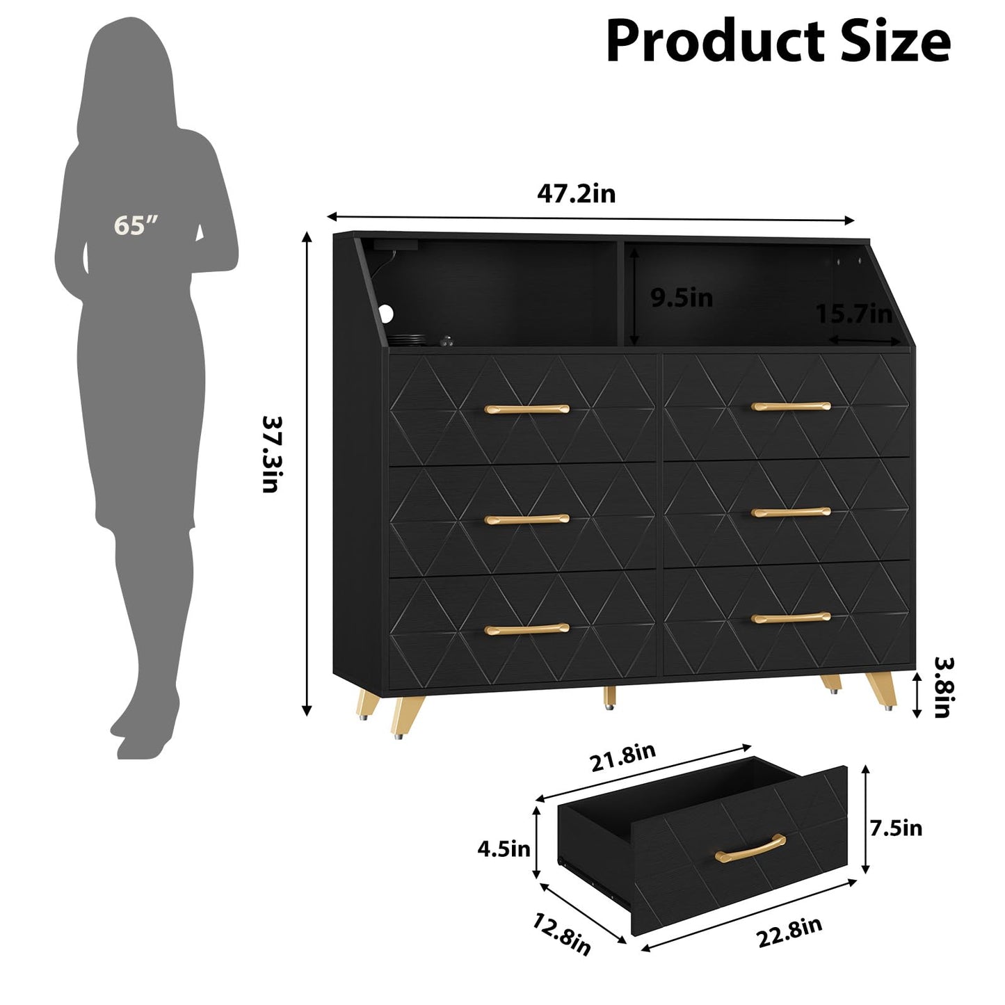 GarveeLife Modern 6 Drawer Dresser with LED Lights & Charging Station - Spacious Wooden Storage Cabinet - Sturdy Metal Legs - Ideal for Bedroom, Living Room, Hallway, Entryway - Color: Black