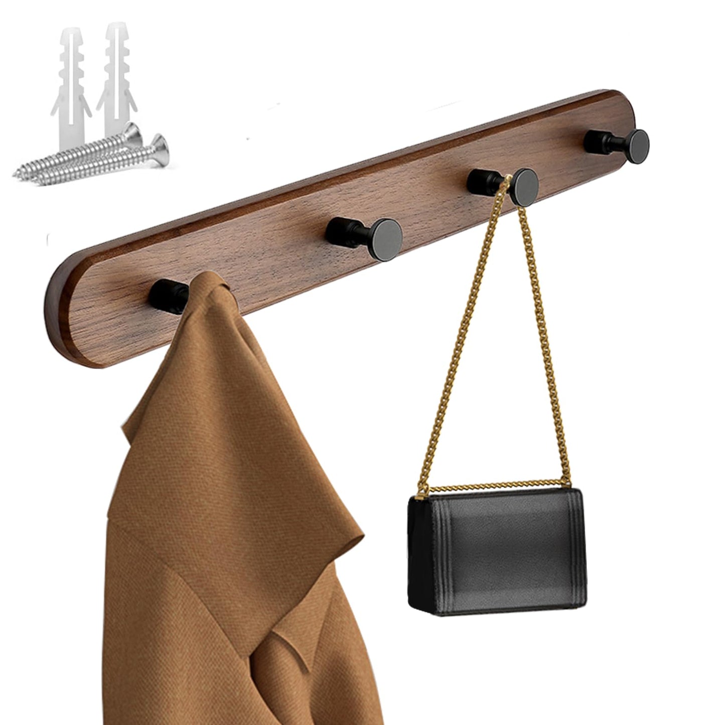 Beciway 15.7 Inch Walnut Wood Wall Mounted Coat Rack with 4 Black Hooks – Modern Wooden Hook Rail for Entryway, Bathroom, Bedroom, Kitchen – Wall Hook for Coats, Hats, Bags, Keys, Towels, Jackets