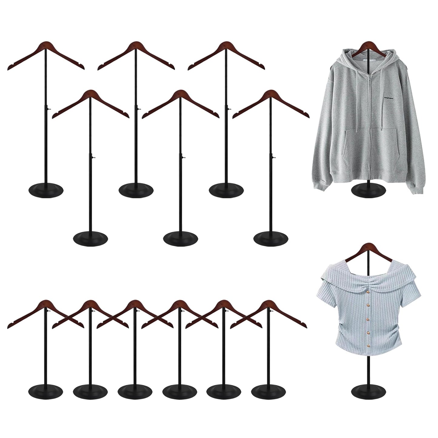 wdbg 12 Pack T Shirt Display stand, Adjustable T shirt Shoulder Stand for Vendor Portable Hanging wooden Clothes Rack for Clothing Dress Jacket Coat Retail 17-31.5 Inch, Black
