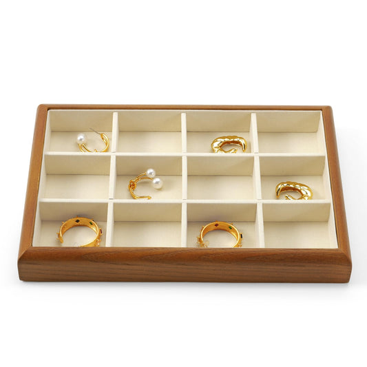 Oirlv Solid Wood 12 Grid Jewelry Organizer Tray Jewelry Drawer Organizer for Rings Earrings Storage Display(Creamy-white)