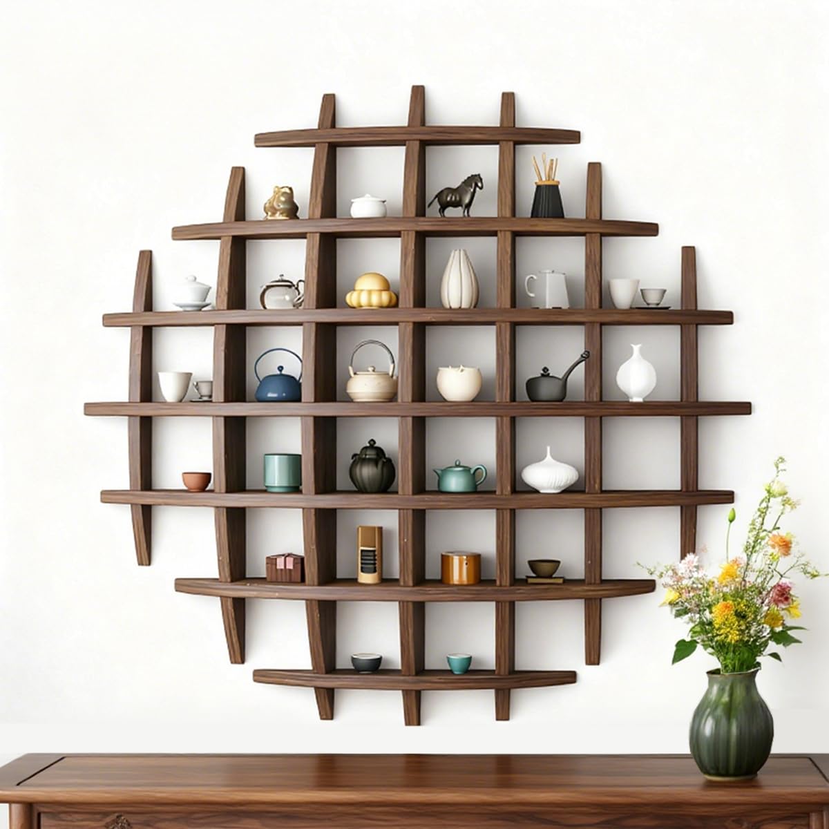 Zansens Sphere Solid Wooden Tea Cup Holder,Oversized Hanging Coffee Mug Display Rack Multi Slot Wall Decor Display Cabinet Mug Shelf for Wall for Kitchen Office Living Room(47.2×47.2'' Dark Brown)