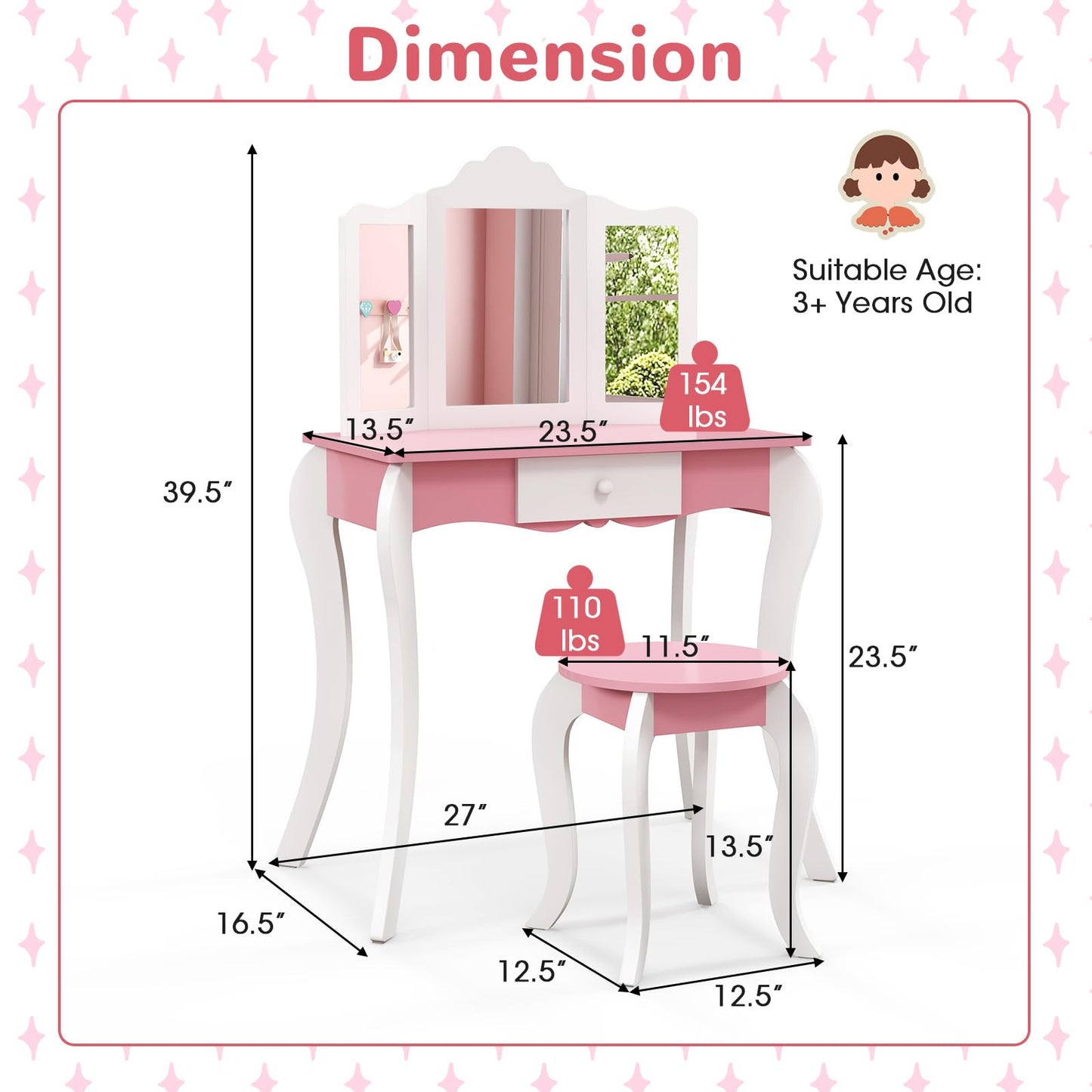 HONEY JOY Kids Vanity, Toddler Wooden Makeup Vanity Table & Chair Set, Tri-Fold Princess Mirror, Little Girls Vanity Set with Mirror and Stool (Pink)