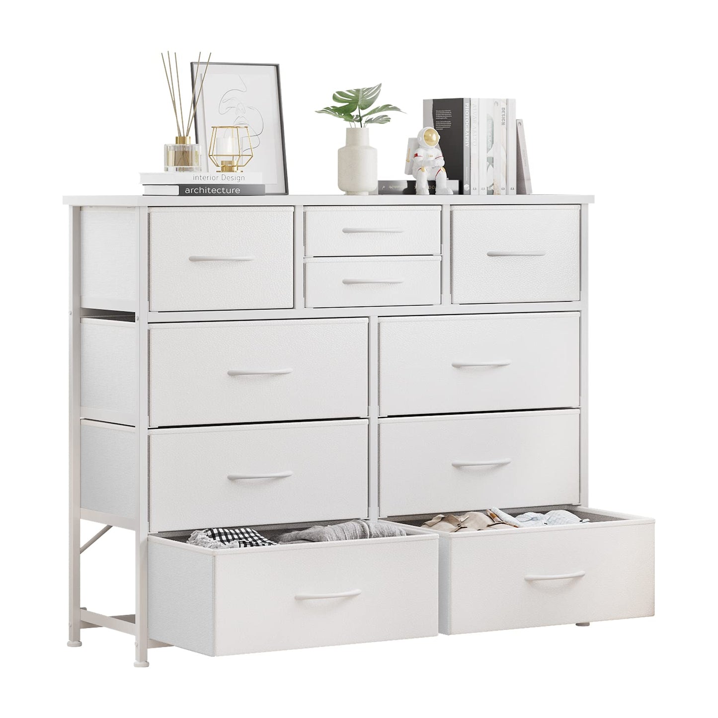 LUMTOK 10-Drawer Dresser, Fabric Storage Tower with Drawers for Bedroom, Dresser Drawer with Handle for Bedroom, Living Room, Hallway, Closets & Nurseryteel Frame, Wood Top (10 Drawer/White)