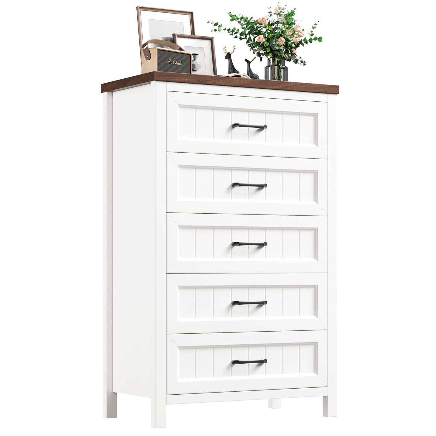 Jocoevol 5 Drawer Dresser for Bedroom - Farmhouse 44.9" Tall Chest of Dresser with Large Storage, Rubst Wood Construction for Living Room, Hallway & Entryway - White (White & Brown)