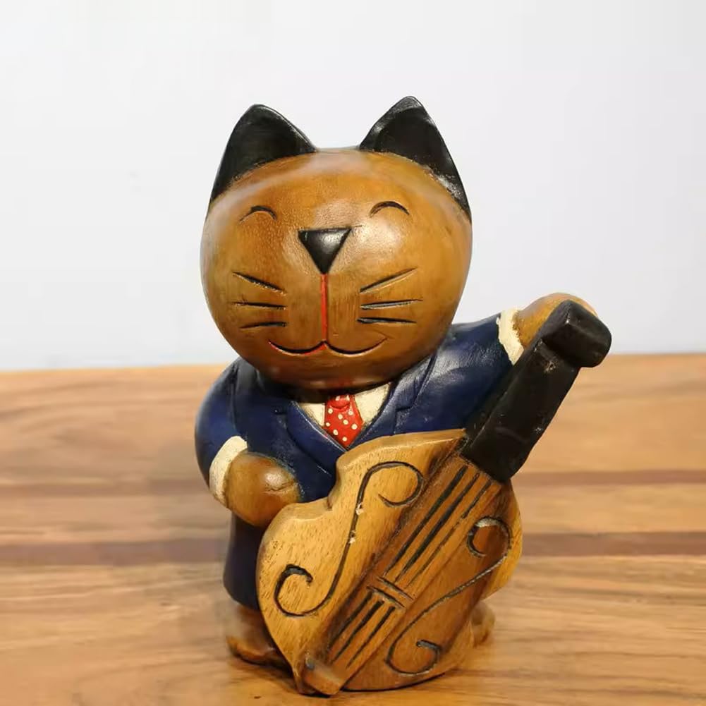 AHZGBL Wooden Cat Figurine, Hand Carved Solid Wood Cat Statue from Thailand, Whimsical Home Decor for Living Rooms, Restaurants, Bars, Cafes, Music-Themed Cat Collectibles (Cello Cat)