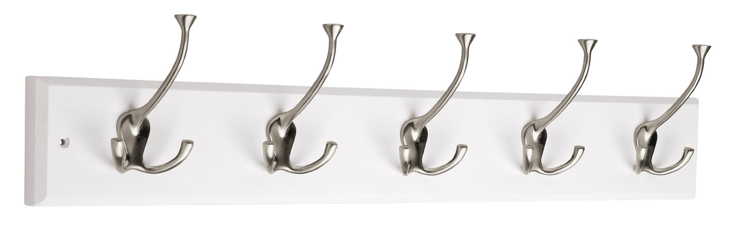 Liberty Hardware 129848 Wall Mounted Coat Rack with 5 Decorative Hooks, 27-Inch, Satin Nickel and White