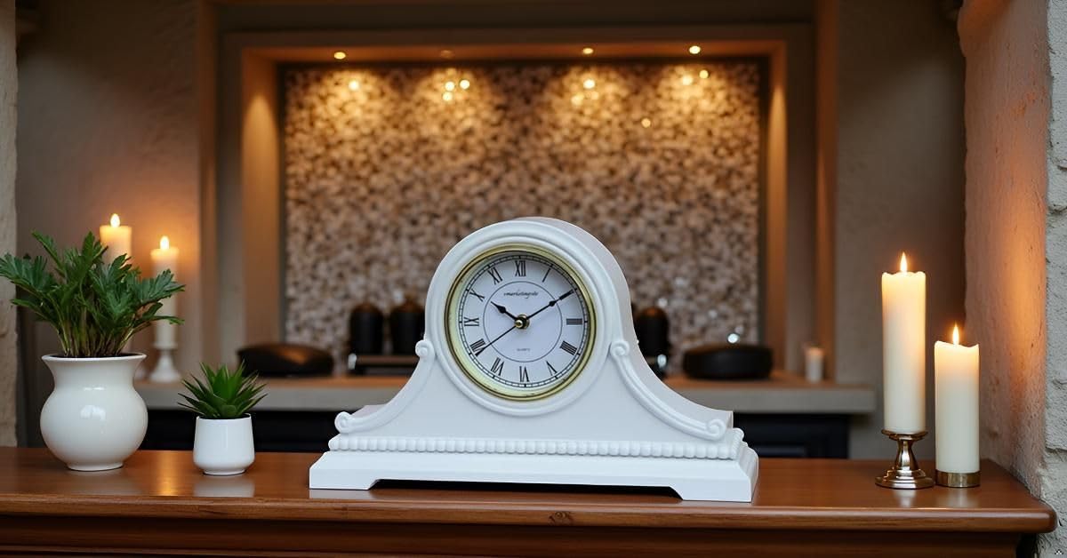vmarketingsite Mantel Clocks, Battery Operated, Silent Wood Table Clock with Westminster Chimes On The Hour, Solid Wooden Shelf Chiming Mantle Clock, 9" x 16" x 3" (White - Roman Numerals)