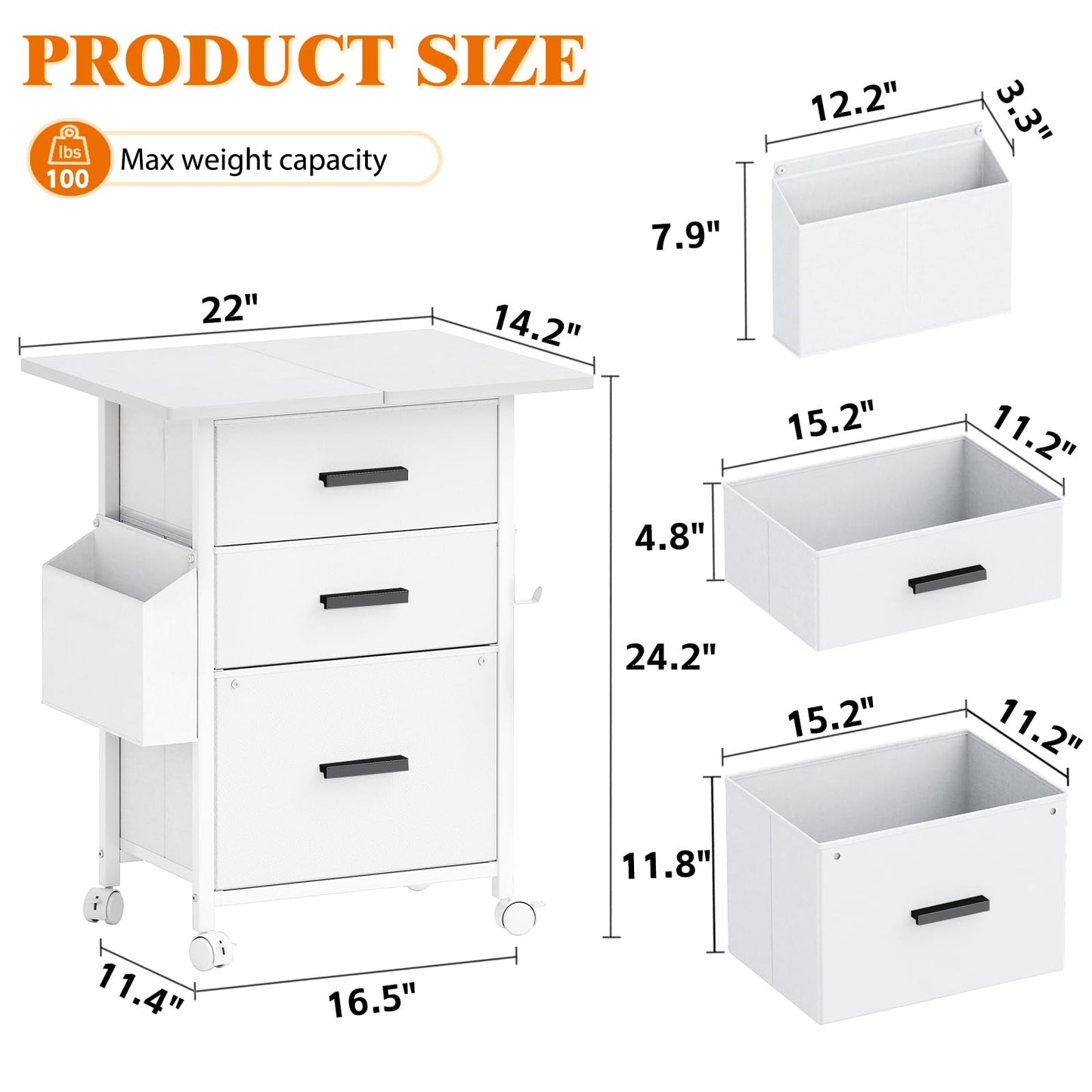 Mexin 3 Drawer File Cabinet with 22'' Extended Desktop, Mobile Filing Cabinet, Printer Stand, Rolling Printer Stand with Side Bag, Fabric Drawer, Fits A4 Size, Home Office, White