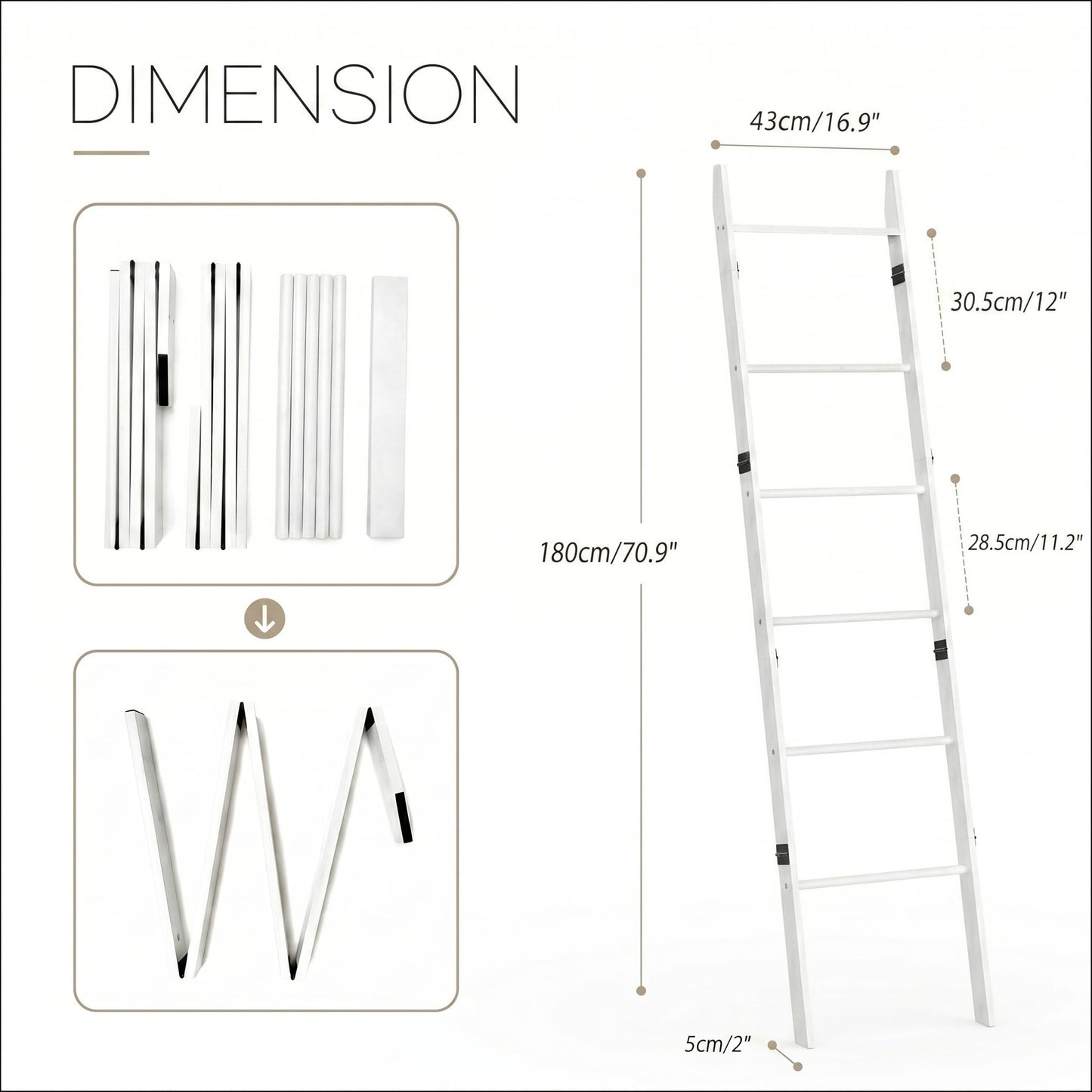 Plusinthebox 6 Tier Blanket Ladder with Shelf, Wooden Blanket Rack for Living Room, Leaning Towel Ladder Rack for Bedroom, Bathroom, Quilts, Throws, Towels and Farmhouse Décor White