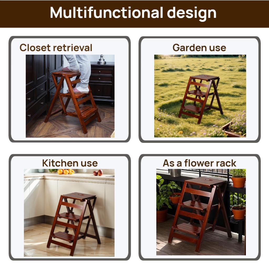 Bidesen 3 Step Stool Wooden Folding Ladder Chair Thickened Library Stair Chair Portable Light Garden Tool Ladder Maximum Load 337bl