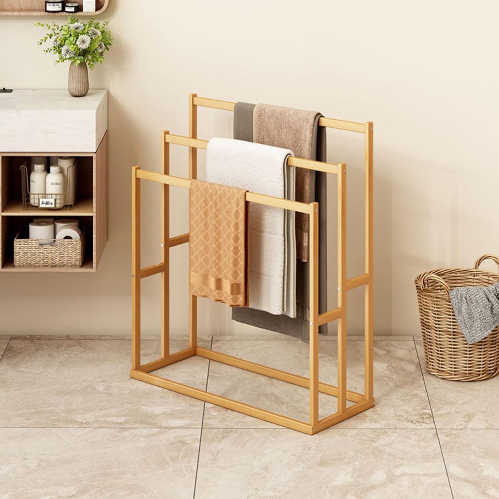 3-Tier Freestanding Towel Rack, Wooden Blanket Ladder with 3 Crossbars & Bottom Shelf, Rustic Brown Storage Stand for Bathroom Living Room Bedroom