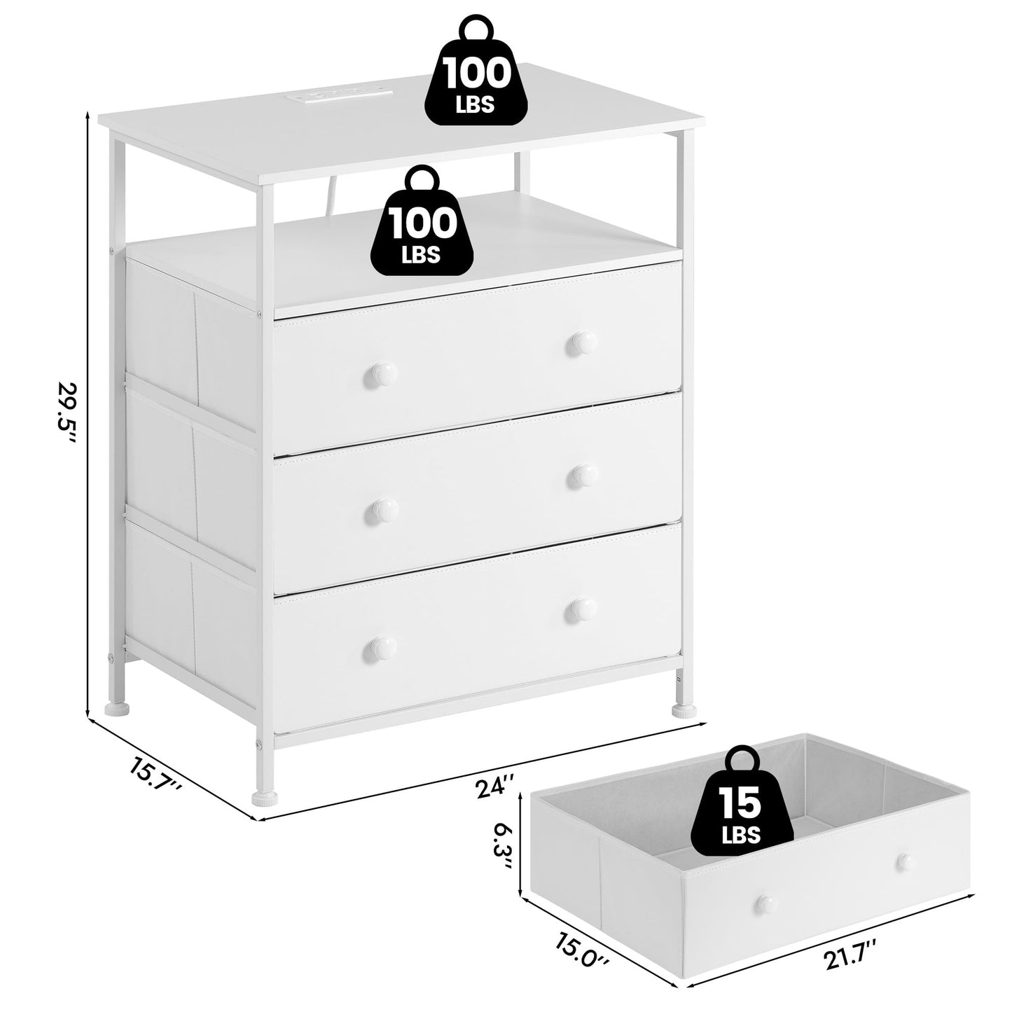 PATAVOT 3-Drawer LED Nightstand with Charging Station, White.