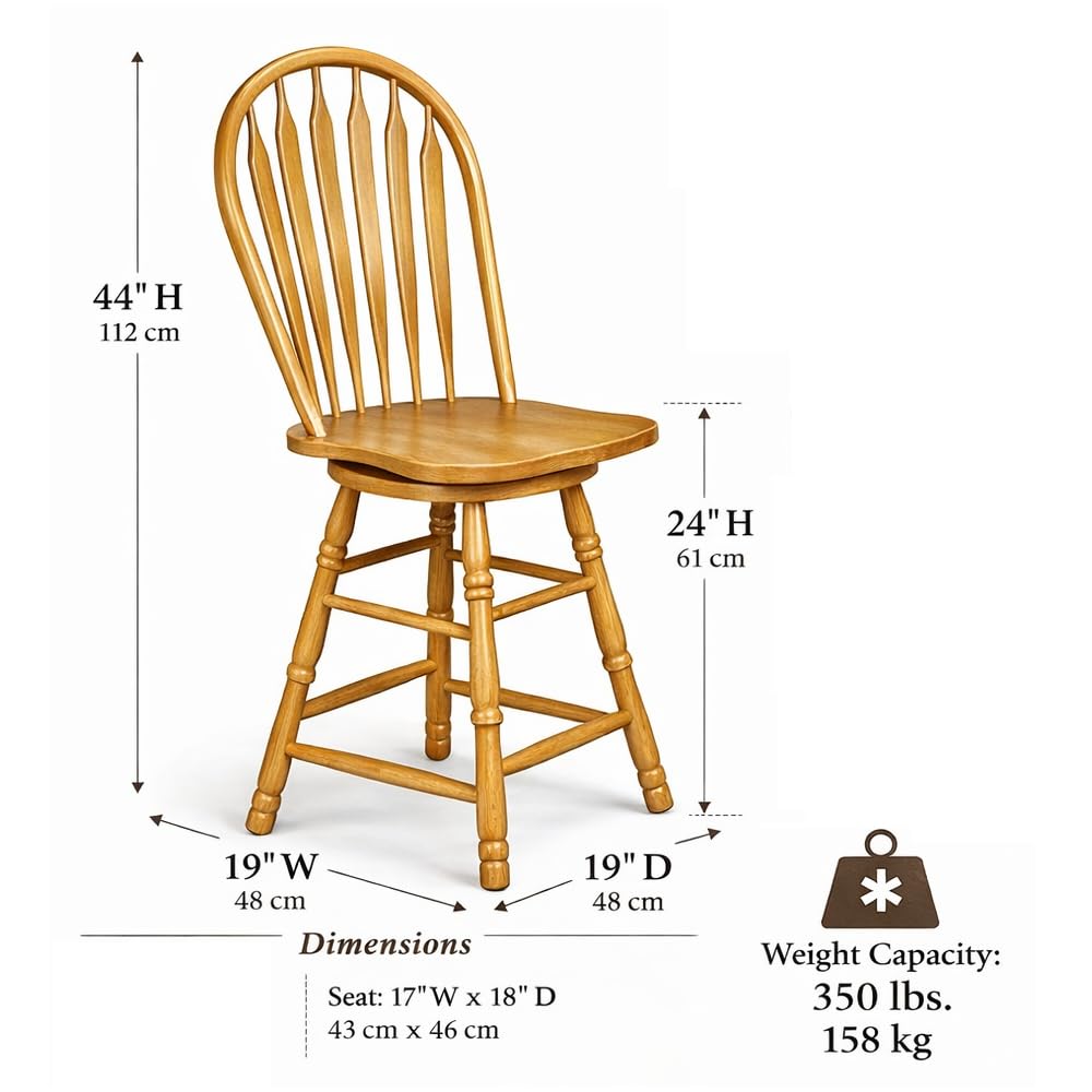 Sunset Trading Selections 24" Counter Height Swivel Barstool | Farmhouse Country Cottage Windsor Arrowback Café Stool | Light Oak Solid Wood | Dining Room Kitchen Home Bar Furniture