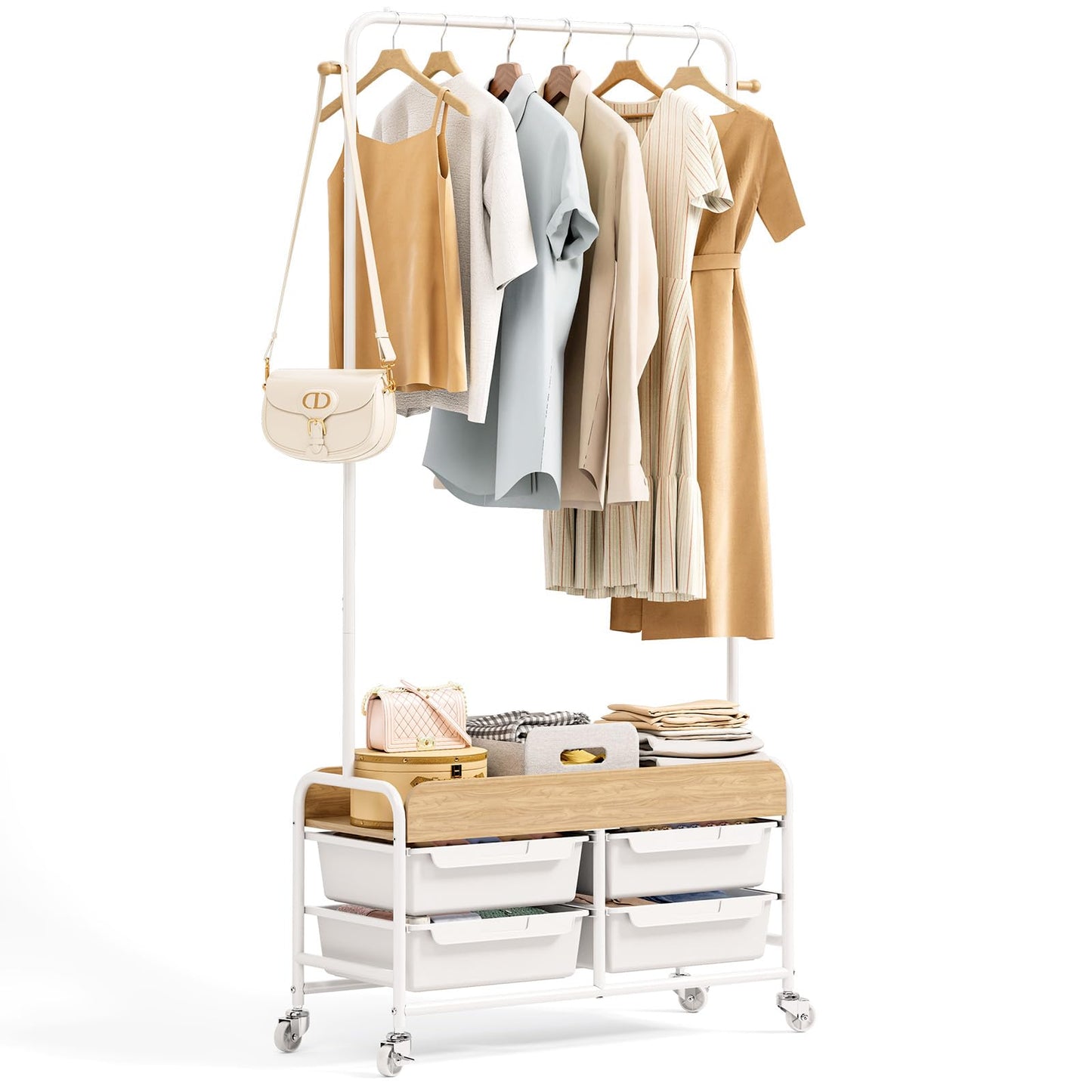 APEXCHASER Clothes Rack, Clothing Rack with Drawer,Rolling Metal Garment Rack for Hanging Clothes, Suitable for Bedroom Closet Living Room(White)