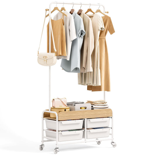 APEXCHASER Clothes Rack, Clothing Rack with Drawer,Rolling Metal Garment Rack for Hanging Clothes, Suitable for Bedroom Closet Living Room(White)