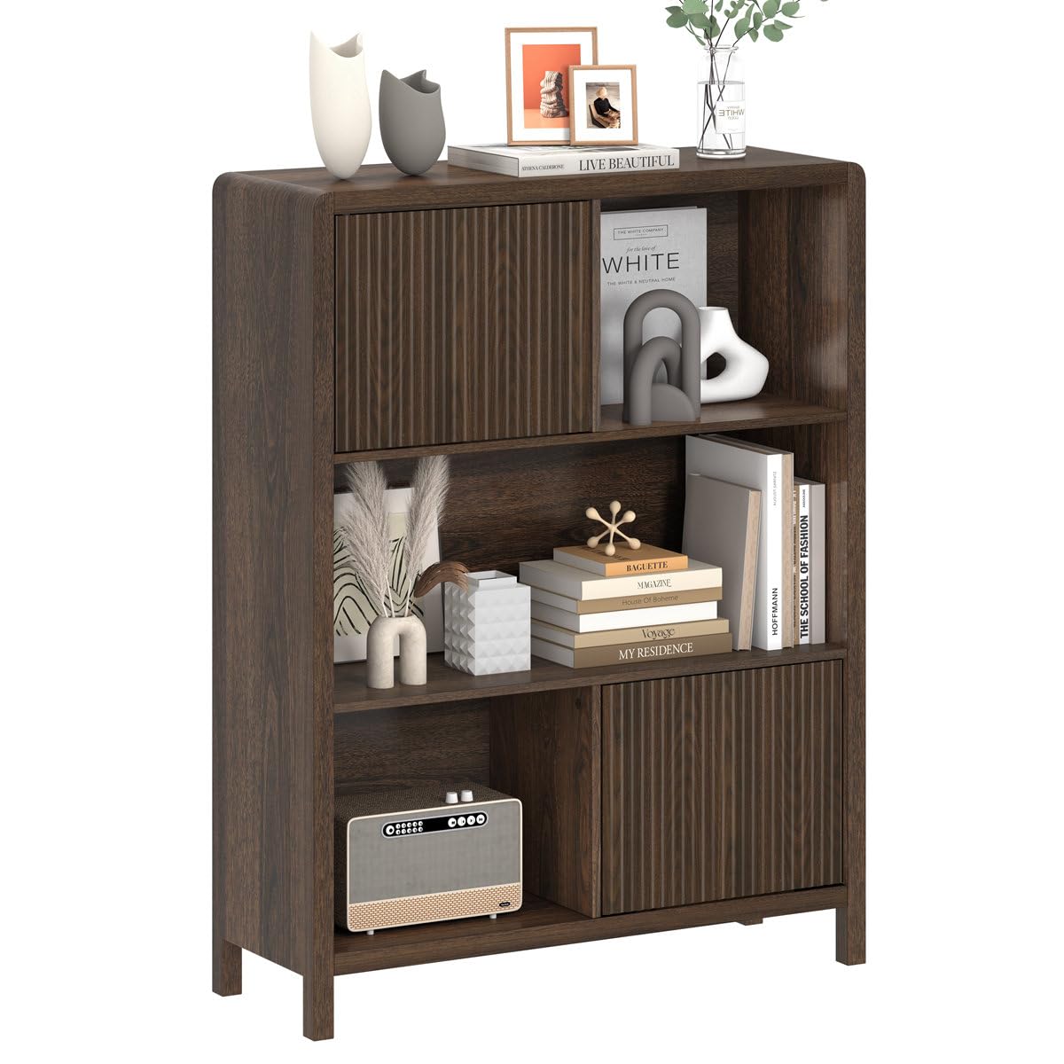 FATORRI Cube Bookshelf with 2 Doors, 4 Tier Wooden Bookcase, 5 Cube Storage Organizer for Home Office (Dark Walnut)