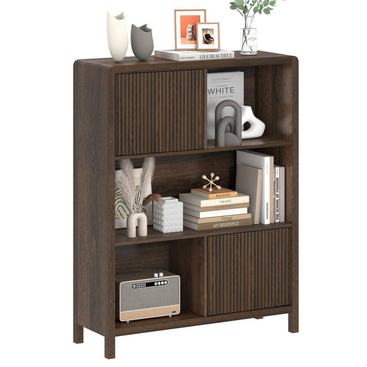 FATORRI Cube Bookshelf with 2 Doors, 4 Tier Wooden Bookcase, 5 Cube Storage Organizer for Home Office (Dark Walnut)