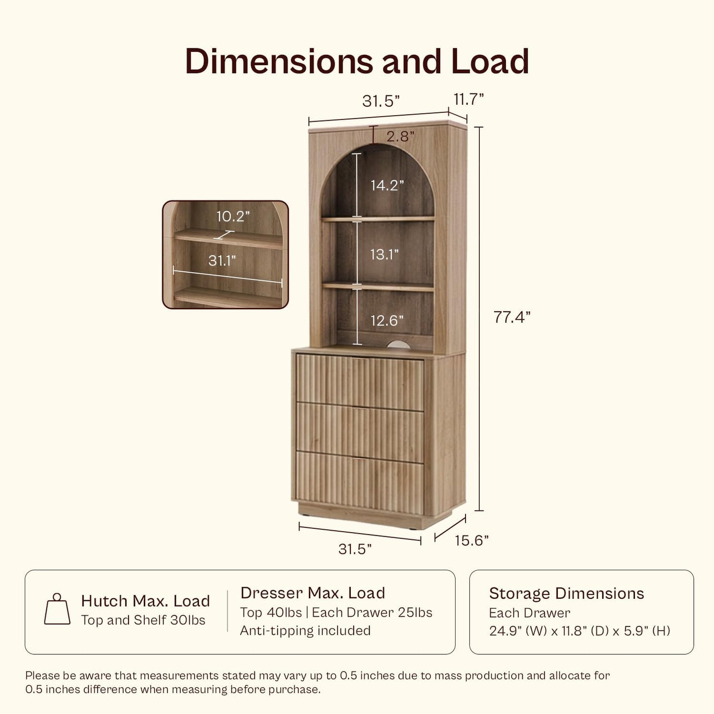 mopio Brooklyn 3 Drawer Bookcase for Bedroom, Chest of Bookcase, Wood Shelf Organizer, Modern Farmhouse, Tall Night Stand, Enhanced Safety, Sturdy Compliant Oak (Oak w Hutch)