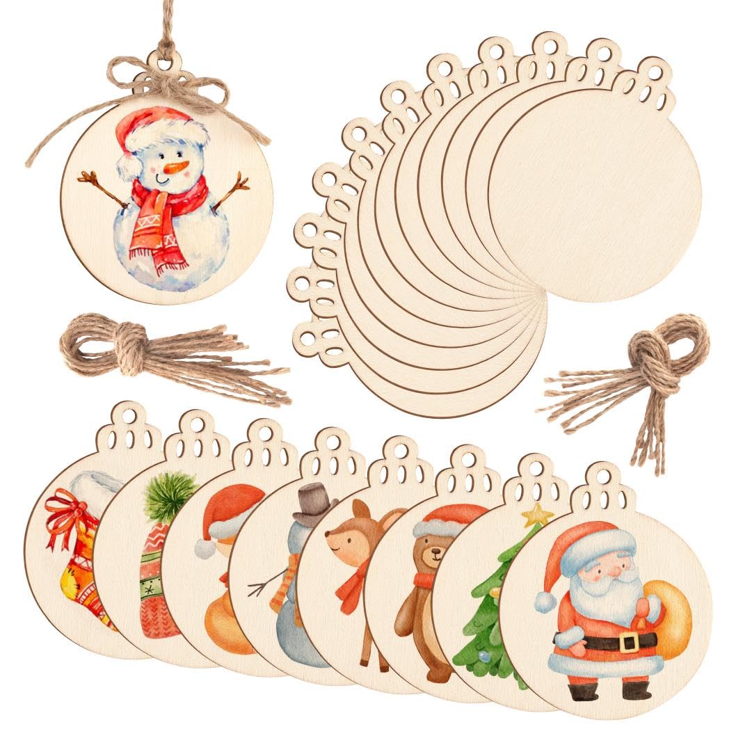 Round Wooden Circles with Holes - 20 Pcs Unfinished Natural Wood Slices for Painting, Crafts Christmas Ornaments DIY Crafts Hanging Decorations Size:3.13in x 2.55in