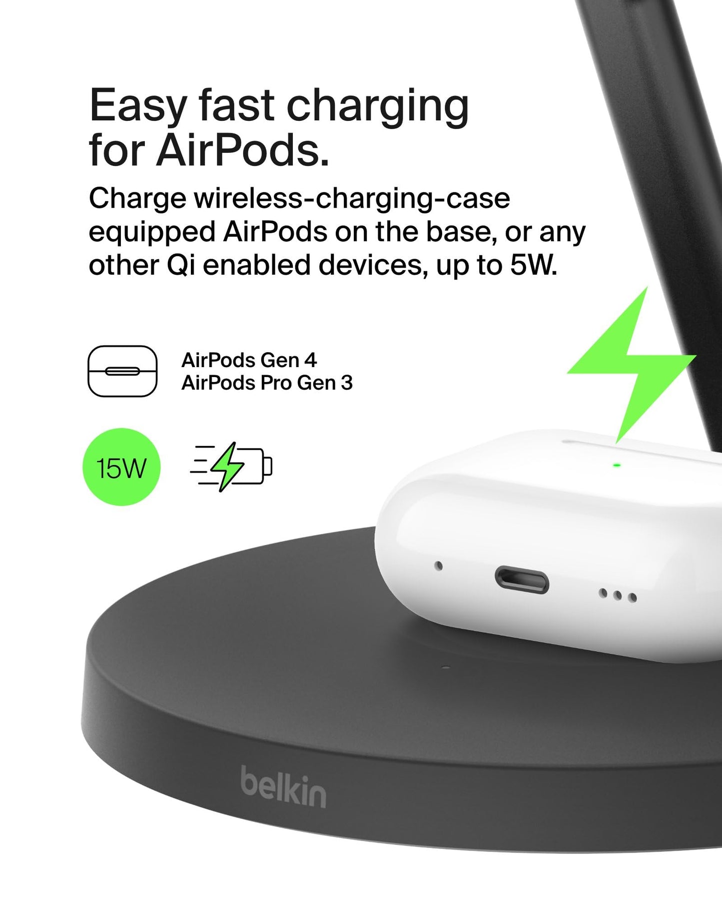 Belkin MagSafe-Compatible iPhone Charger, 3-in-1 Wireless Charging Station, Qi2-Certified 15W Wireless Charge for Apple iPhone 17 Series, Apple Watch, AirPods w/Non-Slip Base, 40W Included - Black