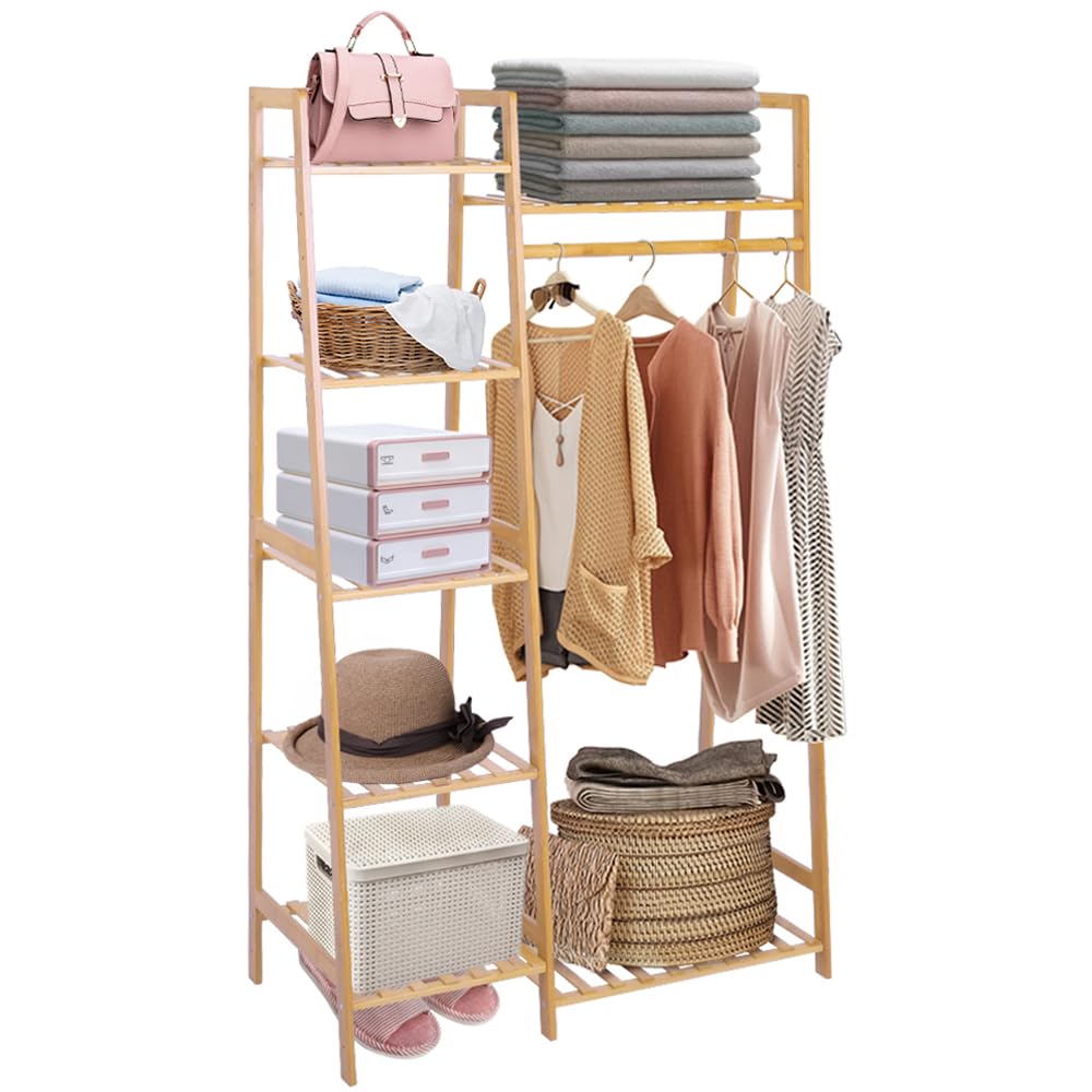 Ufine Bamboo Garment Rack 7-Tier Storage Shelves Clothes Hanging Rack, Heavy Duty Clothing Rack Minimalism Wardrobe Closet Organizer for Indoor