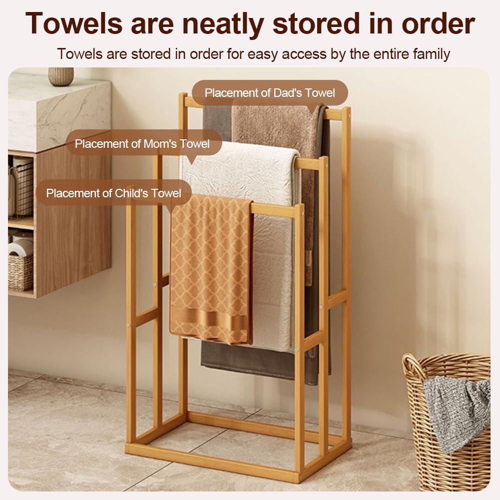 ETOYA Freestanding Wooden Towel Rack with 3 Crossbars, 3-Tier Decorative Blanket Ladder Display Stand, Drying Storage Organizer, Towel Holder for Bathroom, Living Room, Bedroom, Pool & Laundry Area