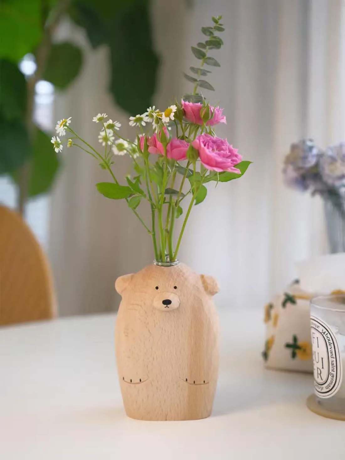 Eyepkildly Handmade Wooden Bear Vase, Solid Wood Bear Statue Vase，Modern Shelf Decor Accents，Cute Bear Decoration Vase,Decorative Solid Wood Handmade Vase，Worth Collecting. (Bear)
