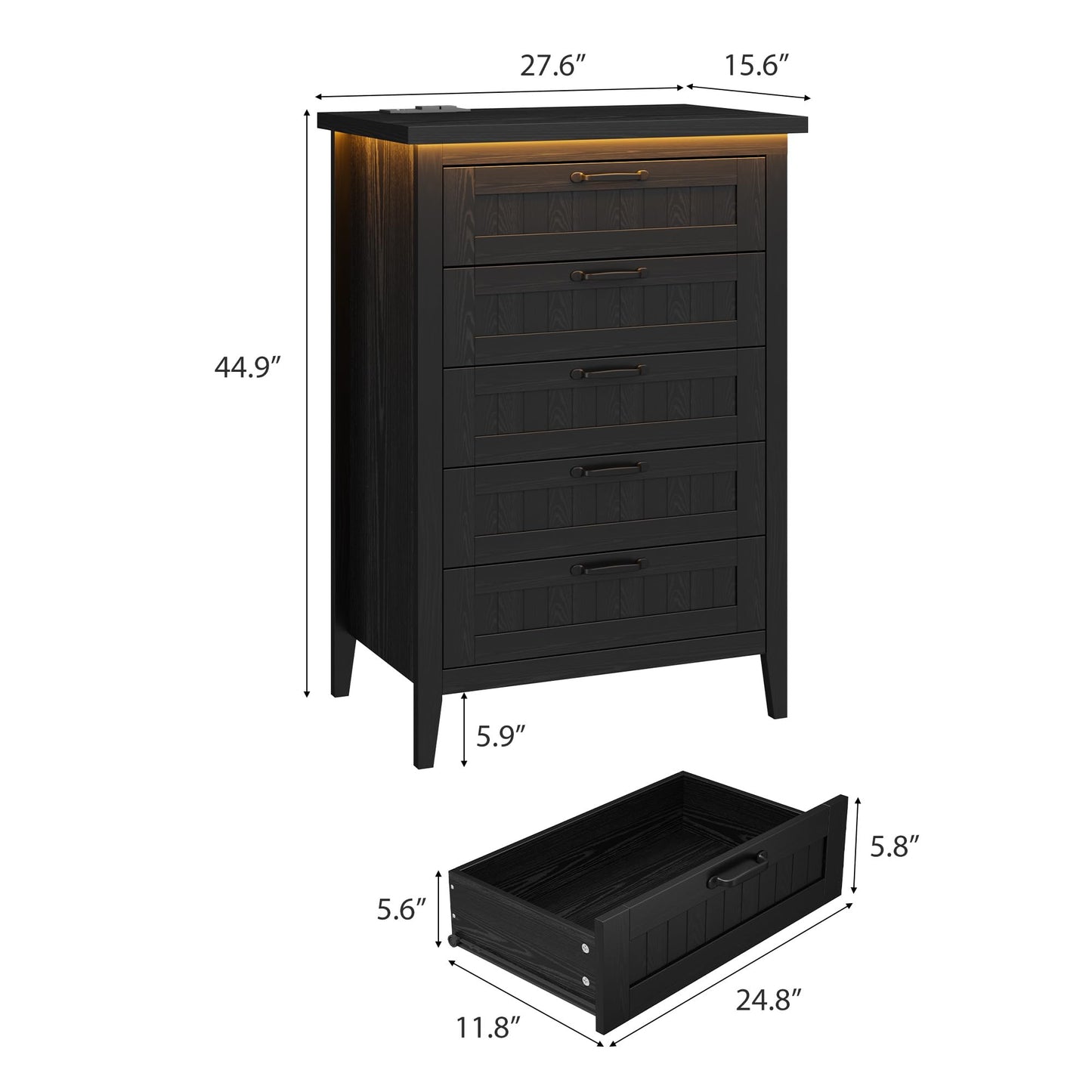 IDEALHOUSE 44.9'' Tall 5 Drawer Dresser with Charging Station & LED Lights