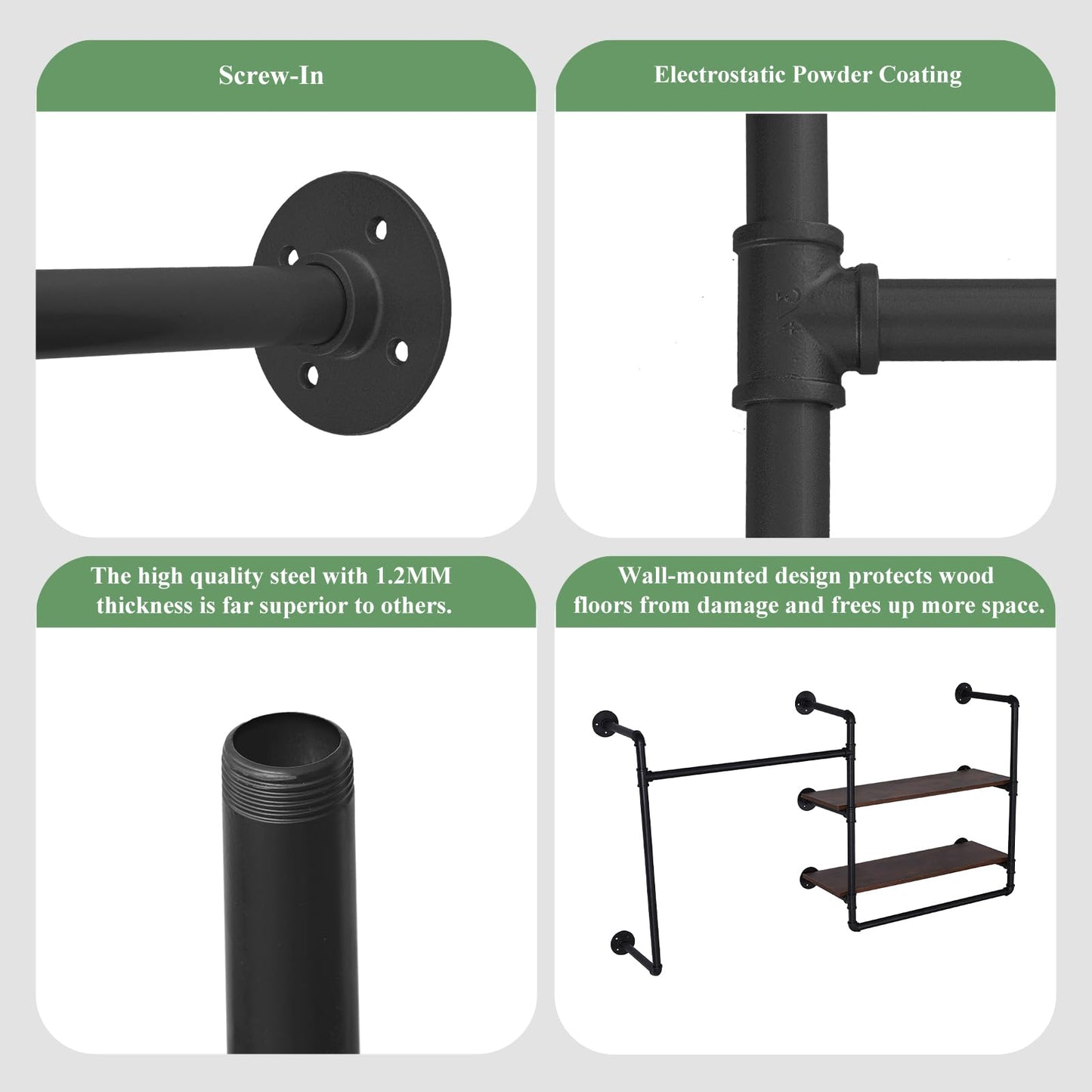 EDCB Industrial Pipe Wall-Mounted Clothing Rack with 2 Wood Shelves - Heavy Duty Double Rod Metal Garment Organizer for Bedroom/Retail Stores, Black (30H×12.5D×59W inch)