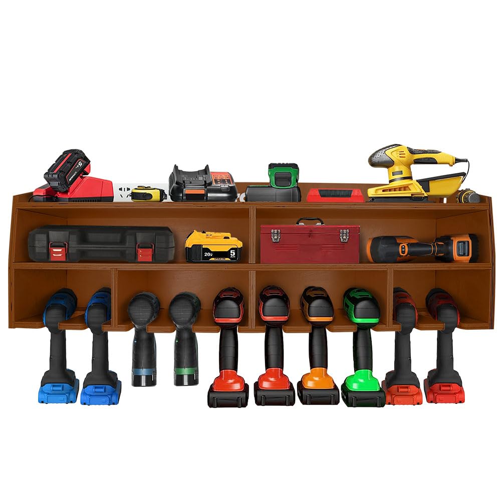 Pro Lift Cordless Drill Organizer – wall mount power tool storage rack, 10 hanging slots, wooden M-005W2