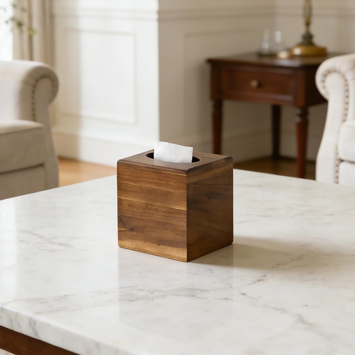 KALEKAIL Acacia Wood Tissue Box Cover，Tissue Box Cover Square, Decorative Cube Facial Wooden Tissue Box Holder with Slide-Out Bottom for Bathroom, Bedroom, Dinner Table, Office, Kitchen