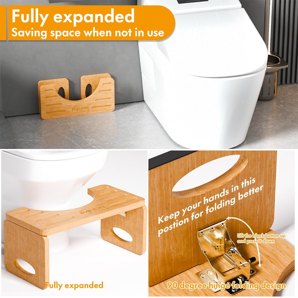 Beinilai Foldable Toilet Stool,7 Inches Poop Stool for Bathroom,Bamboo Toilet Stool Squat Adult,Potty Stool with Anti-Slip Strip