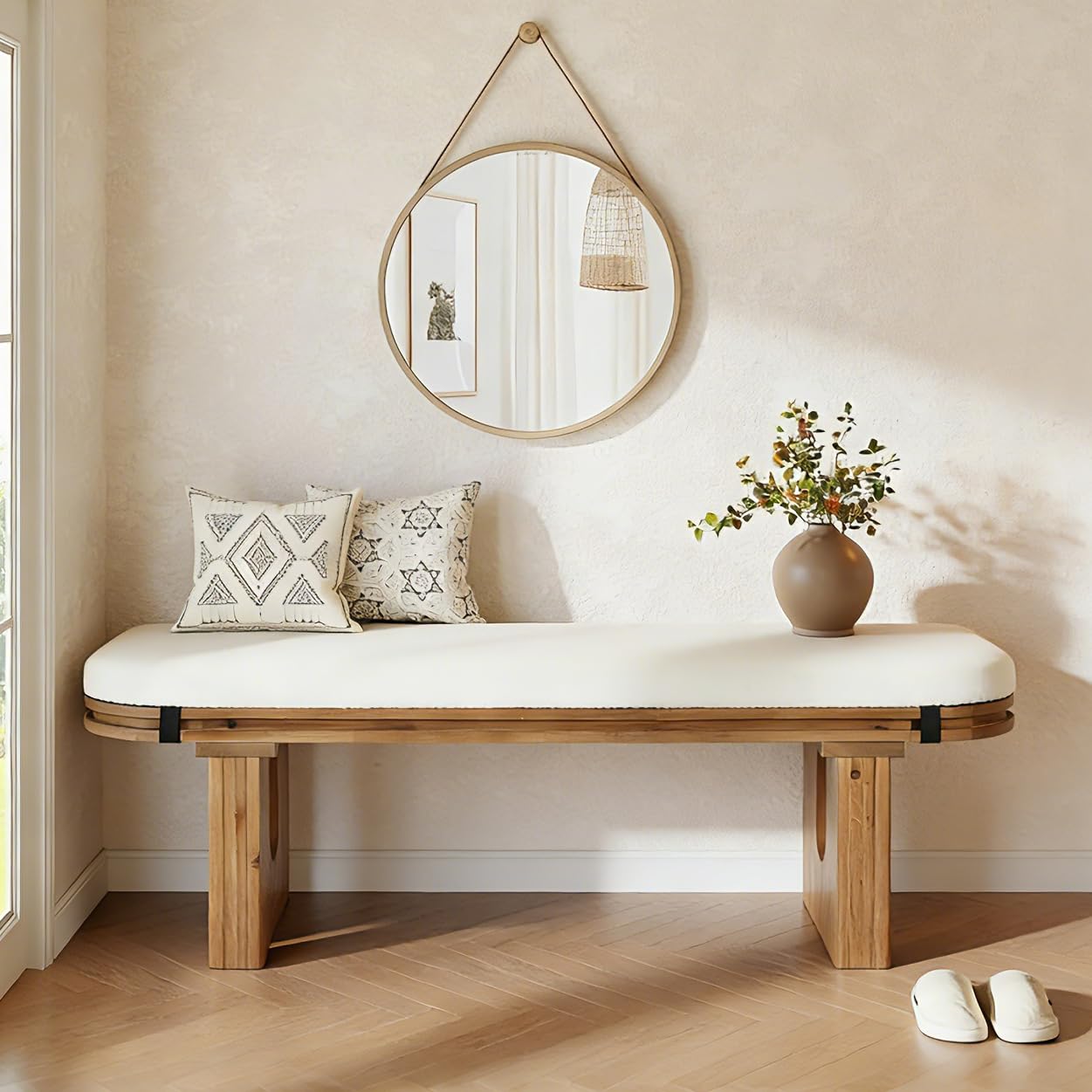 LITTLE TREE Solid Wood Bench, 47.24" End of Bed Bench, Entryway Bench with Upholstered for Hallway, Living Room, Bedroom, Kitchen