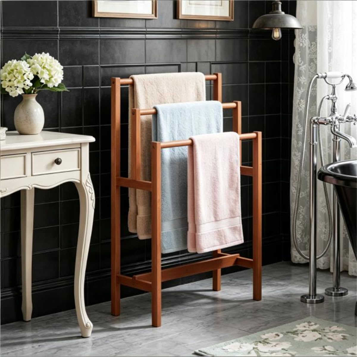 3-Tier Freestanding Hardwood Towel Rack, Farmhouse Blanket Ladder for Bathroom & Living Room, Space-Saving Vertical Towel Bar Storage Stand, Natural Solid Wood Quilt Drying Rack