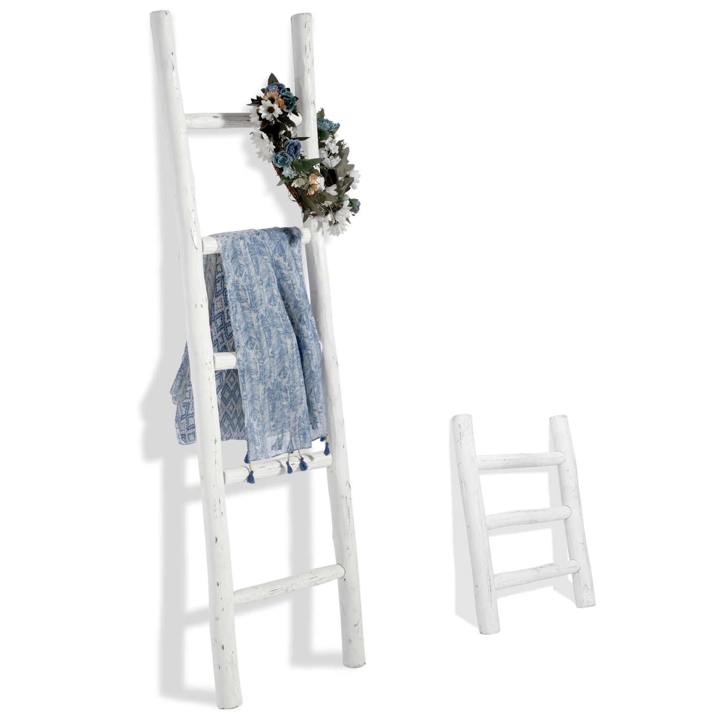 Rustic Farmhouse Blanket Ladder and Mini Countertop Towel Ladder Set, Fully Assembled Wood Decor for Home Storage and Display, White