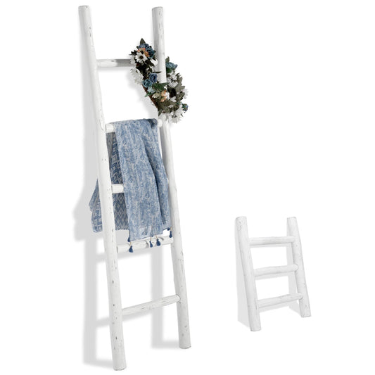 Rustic Farmhouse Blanket Ladder and Mini Countertop Towel Ladder Set, Fully Assembled Wood Decor for Home Storage and Display, White