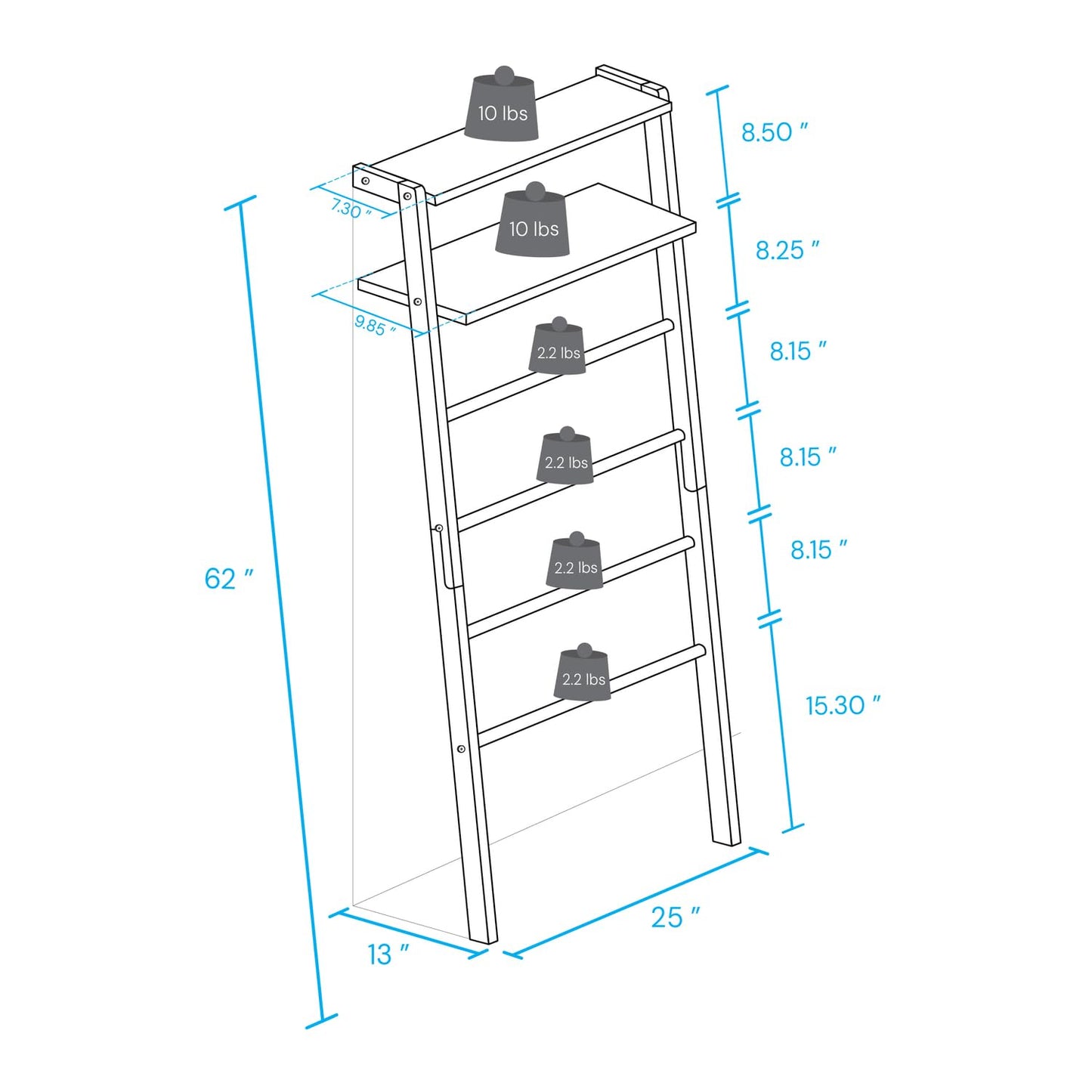 Space Saving 100% Solid Wood 6-Tier Blanket Ladder with Two Storage Shelves - Walnut