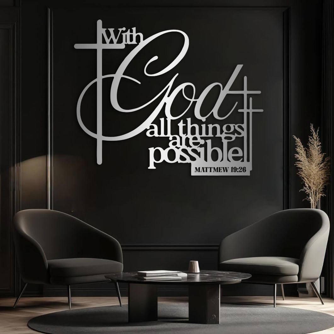 Maclou With God All Things Are Possible Wall Decor, Metal Scripture Wall Art, Metal Bible Verse Wall Art for Living Room, Bedroom, Church (Gold,47"x39" / 120x99cm)
