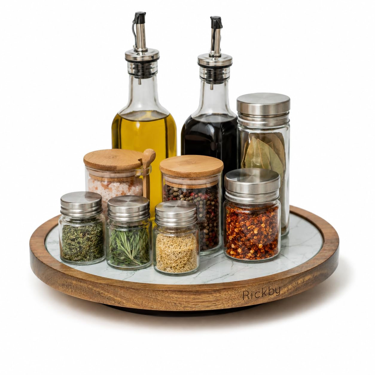 Rickby, 12" Premium Acacia Wood Lazy Susan Turntable for Table Top with Removable Marble Texture Glass Plate, Wooden Lazy Susan for Dining Table Centerpiece & Kitchen Countertop