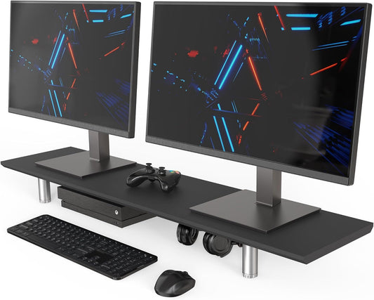 Fenge 39.4 Inch Dual Monitor Stand, Height Adjustable Monitor Riser Stand for Desk, Wooden & Steel Monitor Shelf for 2 Computers up to 99lbs, Stable Desk Organizer for PC Laptop TV, Black
