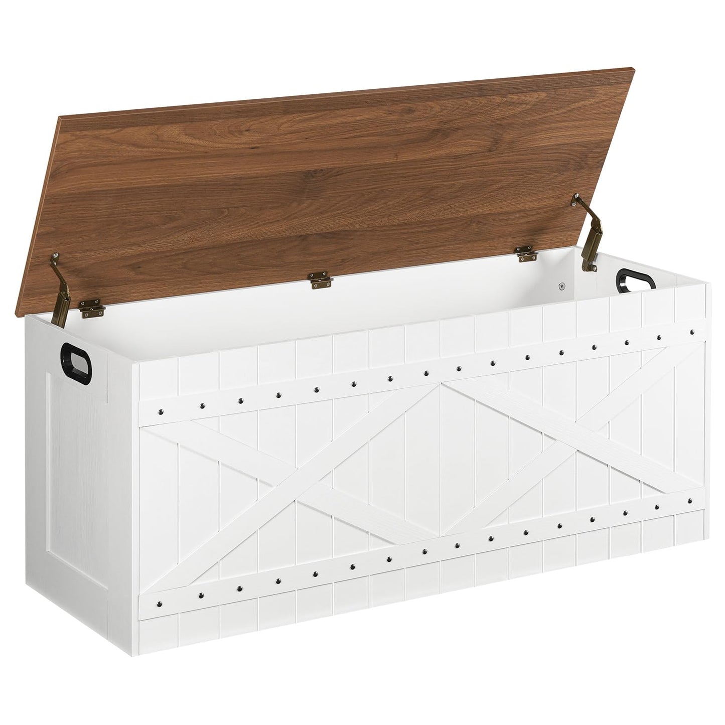 MAHANCRIS 47.2" Storage Chest, Extra Large Toy Box with 2 Safety Hinges, Wooden Toy Chest, Storage Bench with Rivets, Storage Trunk for Bedroom, Living Room, Entryway, White and Brown SCBZ18501